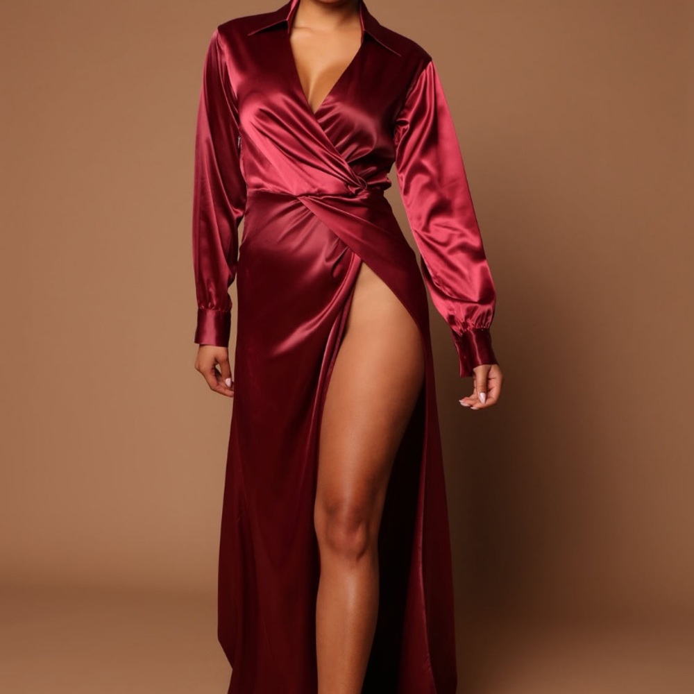 FASHION NOVA Ivana Long Sleeve Satin Maxi Dress RASPBERRY